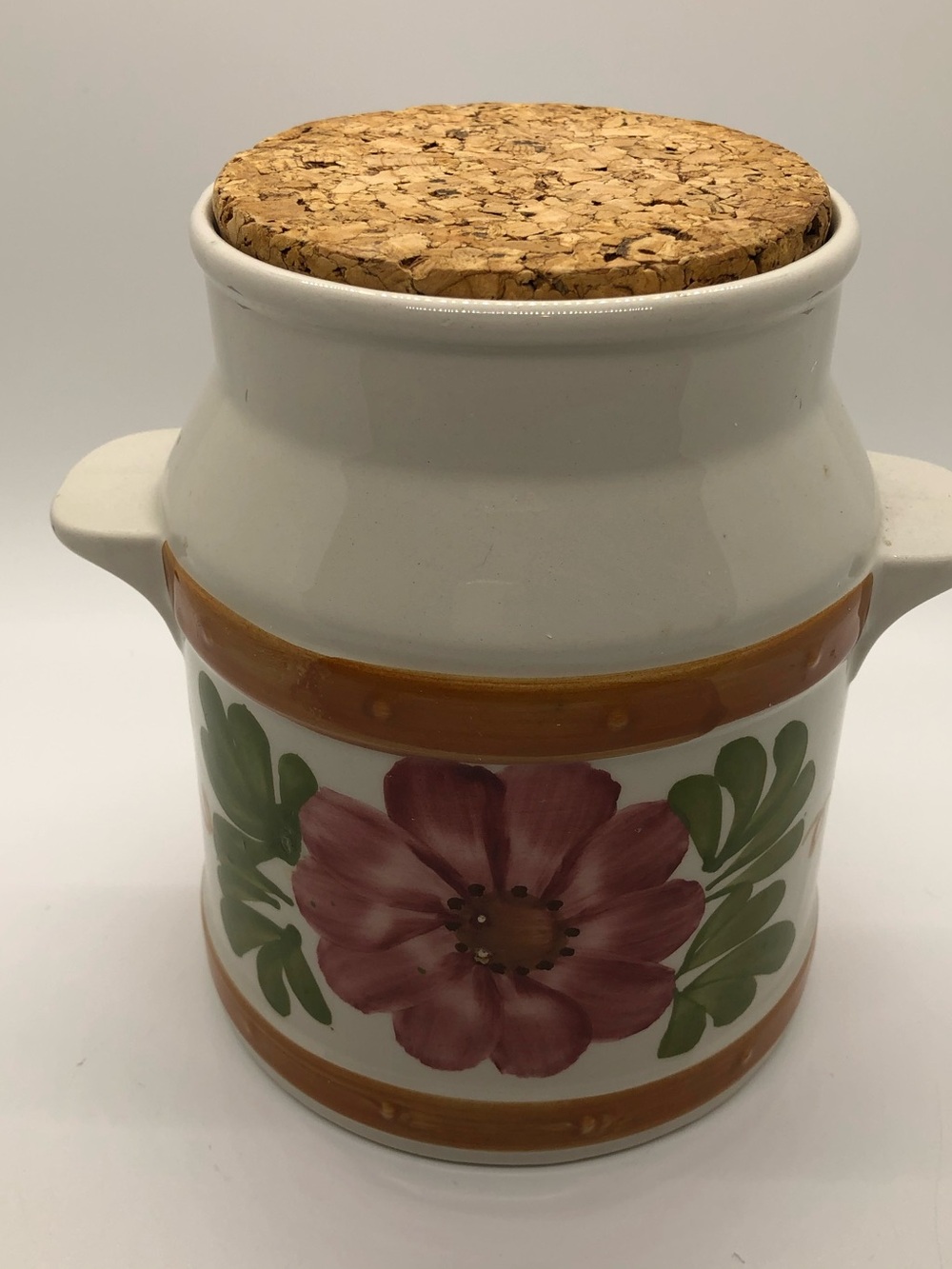 Hand-Painted Floral Canister with cork lid by SECLA - White, Pink, Green, Brown